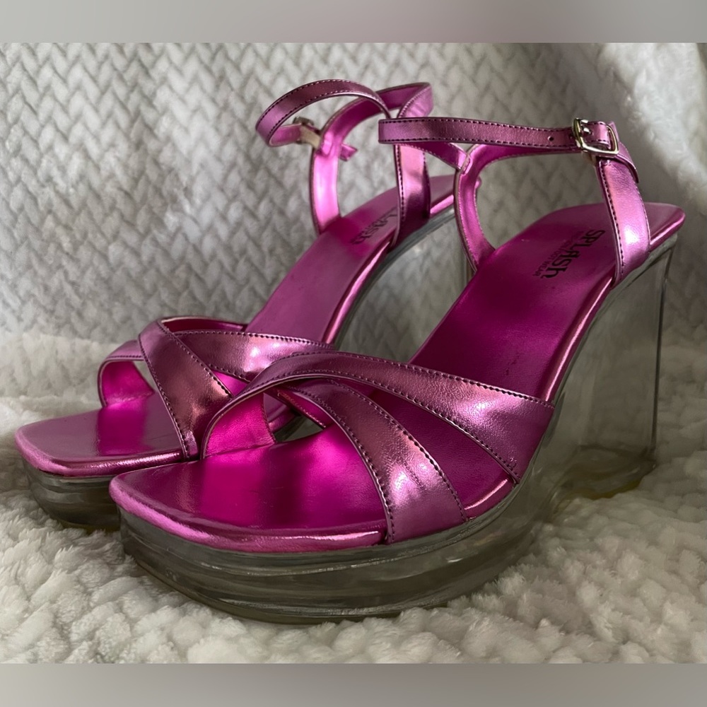 Splash Hot Pink Acrylic Wedge Sandals Shoes Sz 7